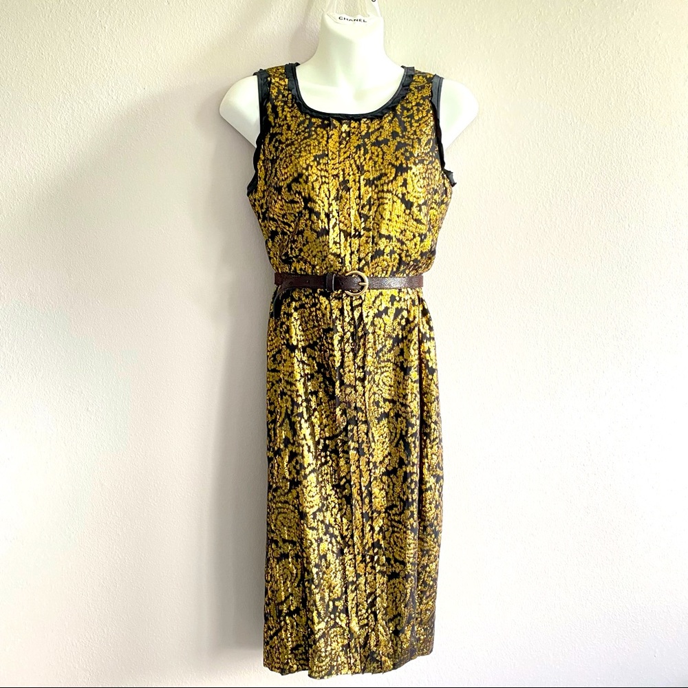 Vintage DKNY Silk Metallic Jacquard Gold Black Sleeveless Loose Midi Dress